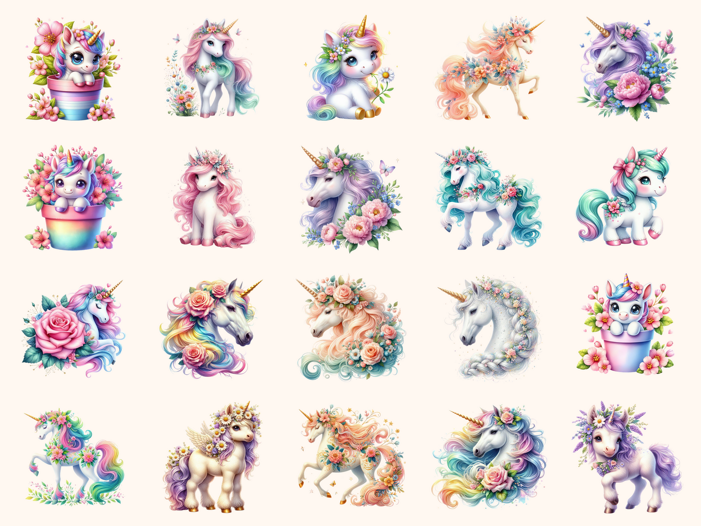Floral Unicorns Clipart
