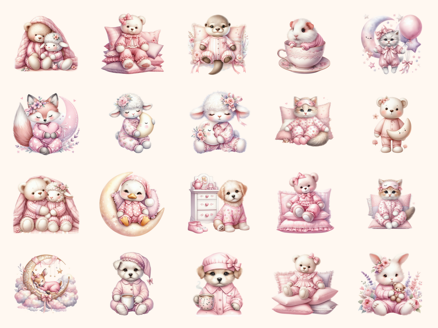 Pink Pajama Party Animals Clipart