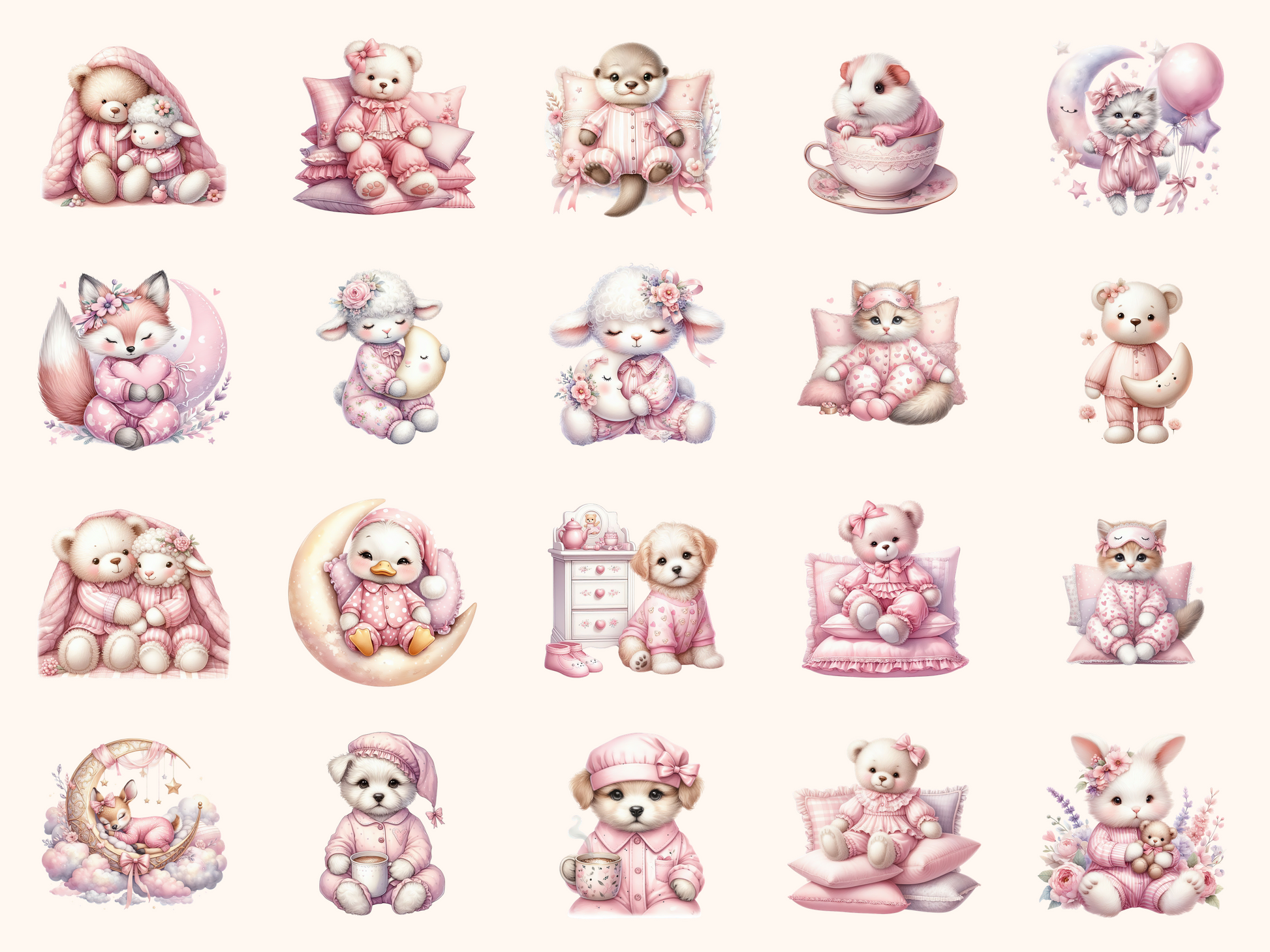 Pink Pajama Party Animals Clipart
