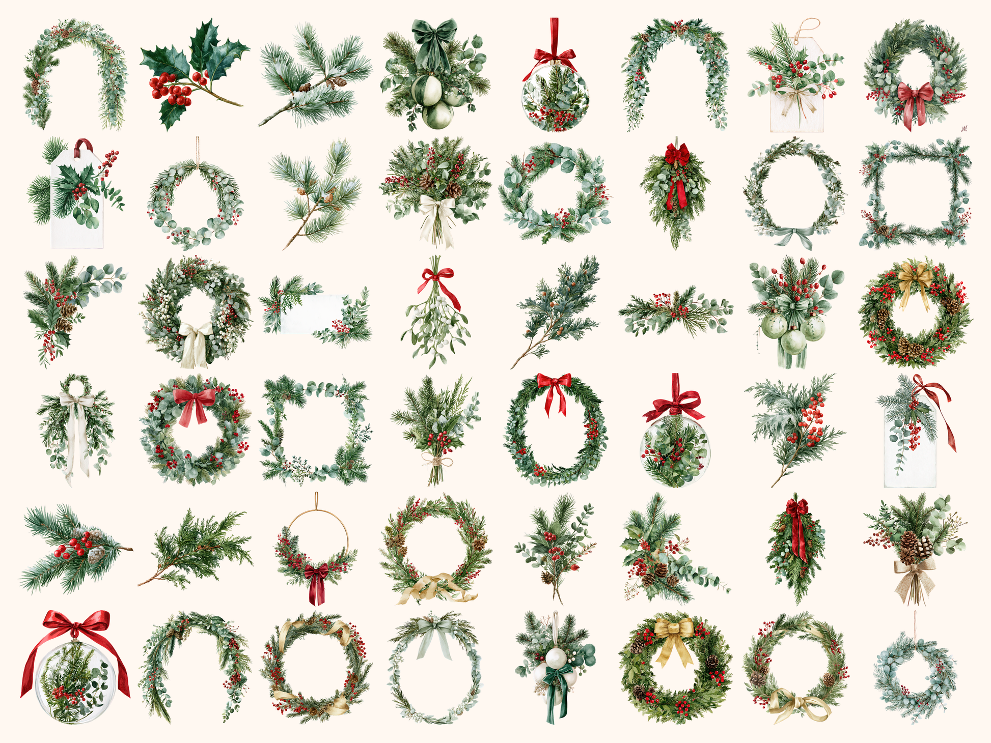 Winter Greenery Watercolor Clipart