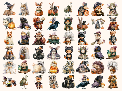 Halloween Woodland Animals Watercolor Clipart
