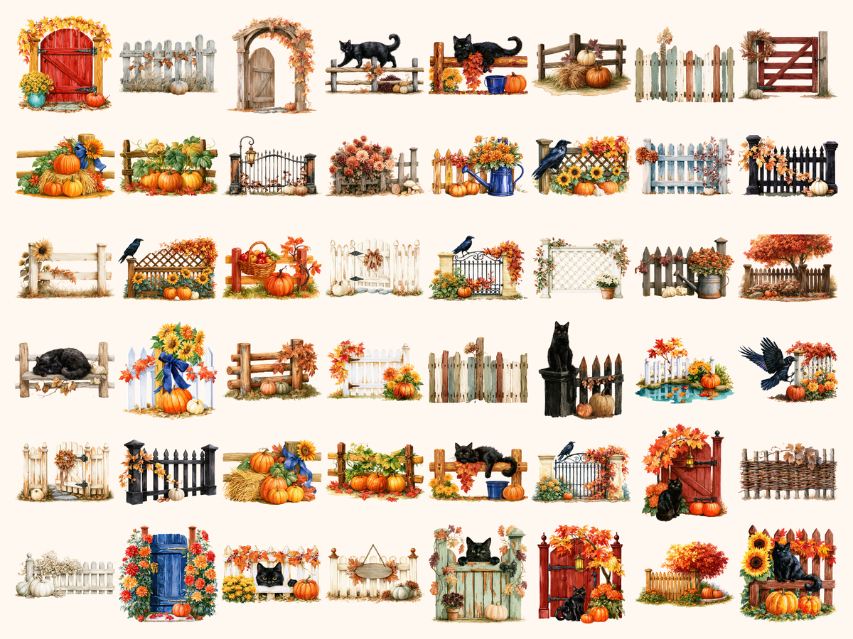Autumn Fences Watercolor Clipart