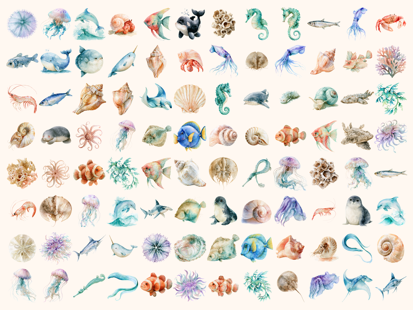 Sea Creatures Watercolor Clipart