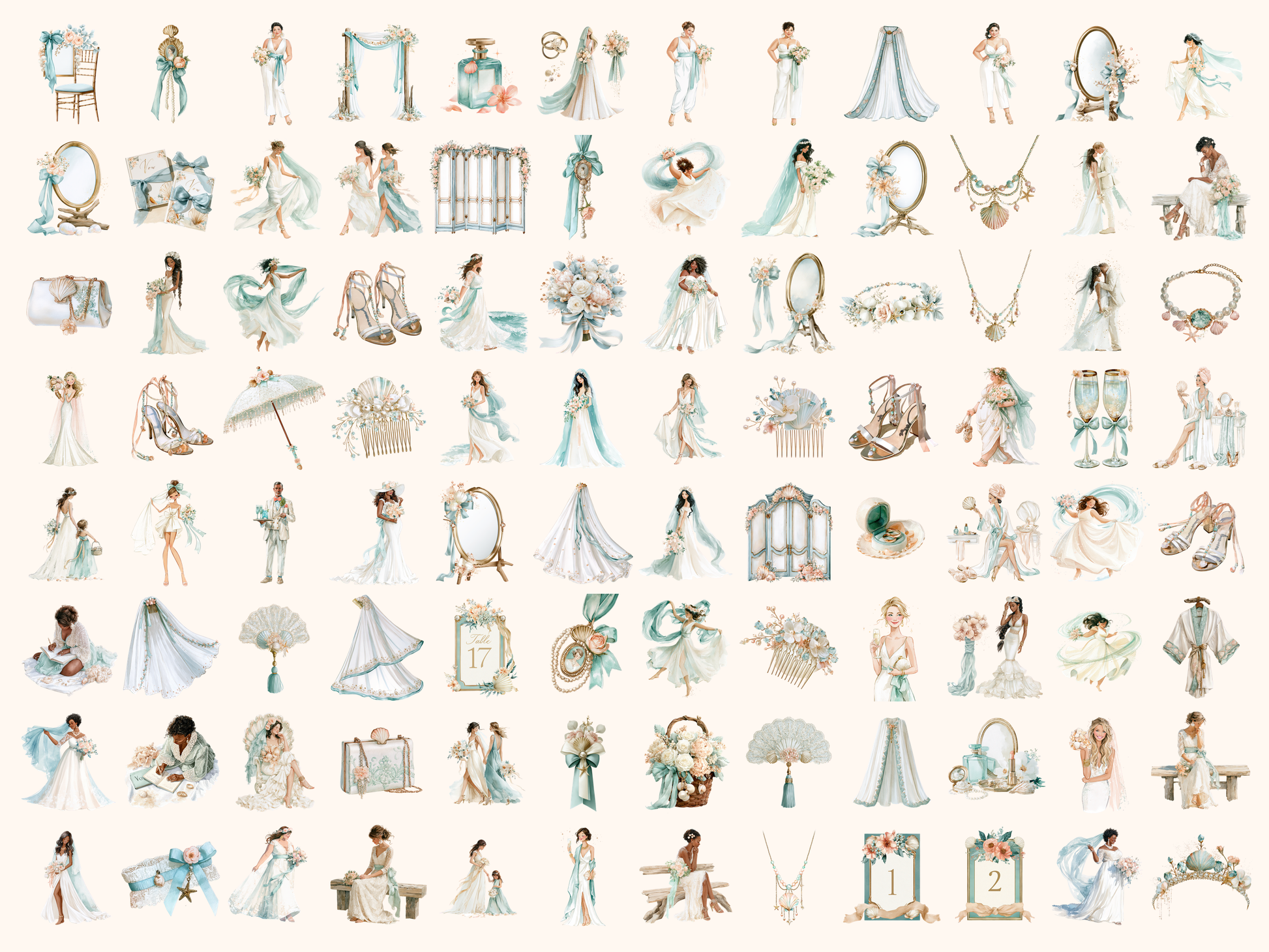 Coastal Bride Watercolor Clipart