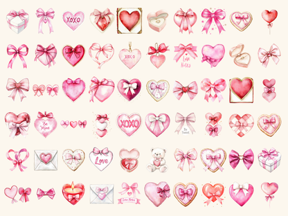 Bow Hearts Watercolor Clipart