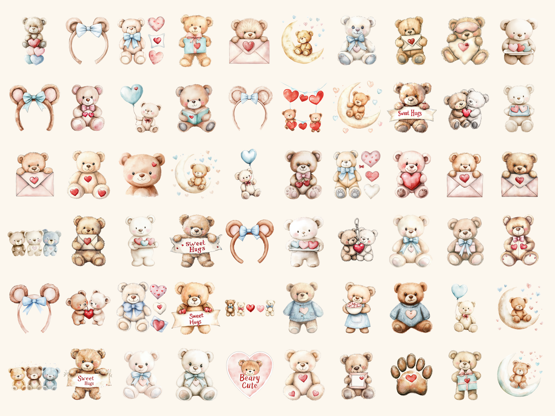 Teddy Hearts Watercolor Clipart
