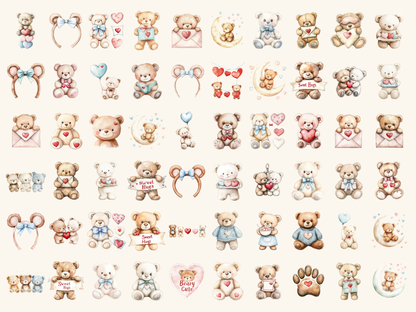 Teddy Hearts Watercolor Clipart