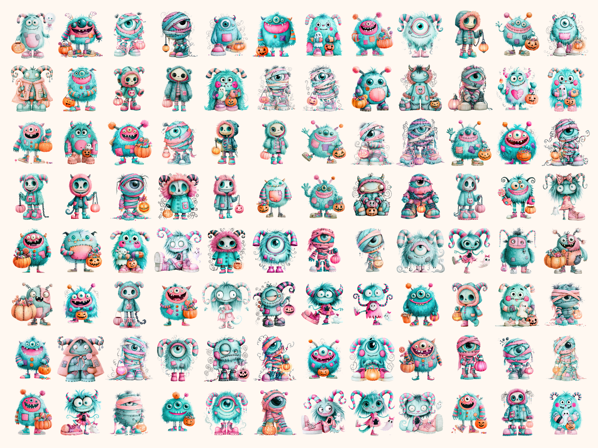 Pastel Monsterween Watercolor Clipart