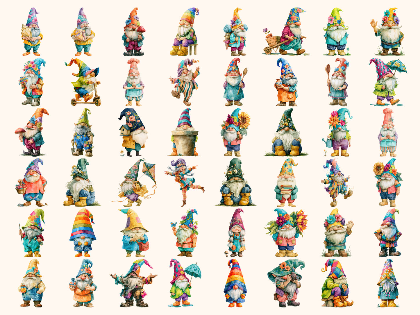 Colorful Gnomes Watercolor Clipart