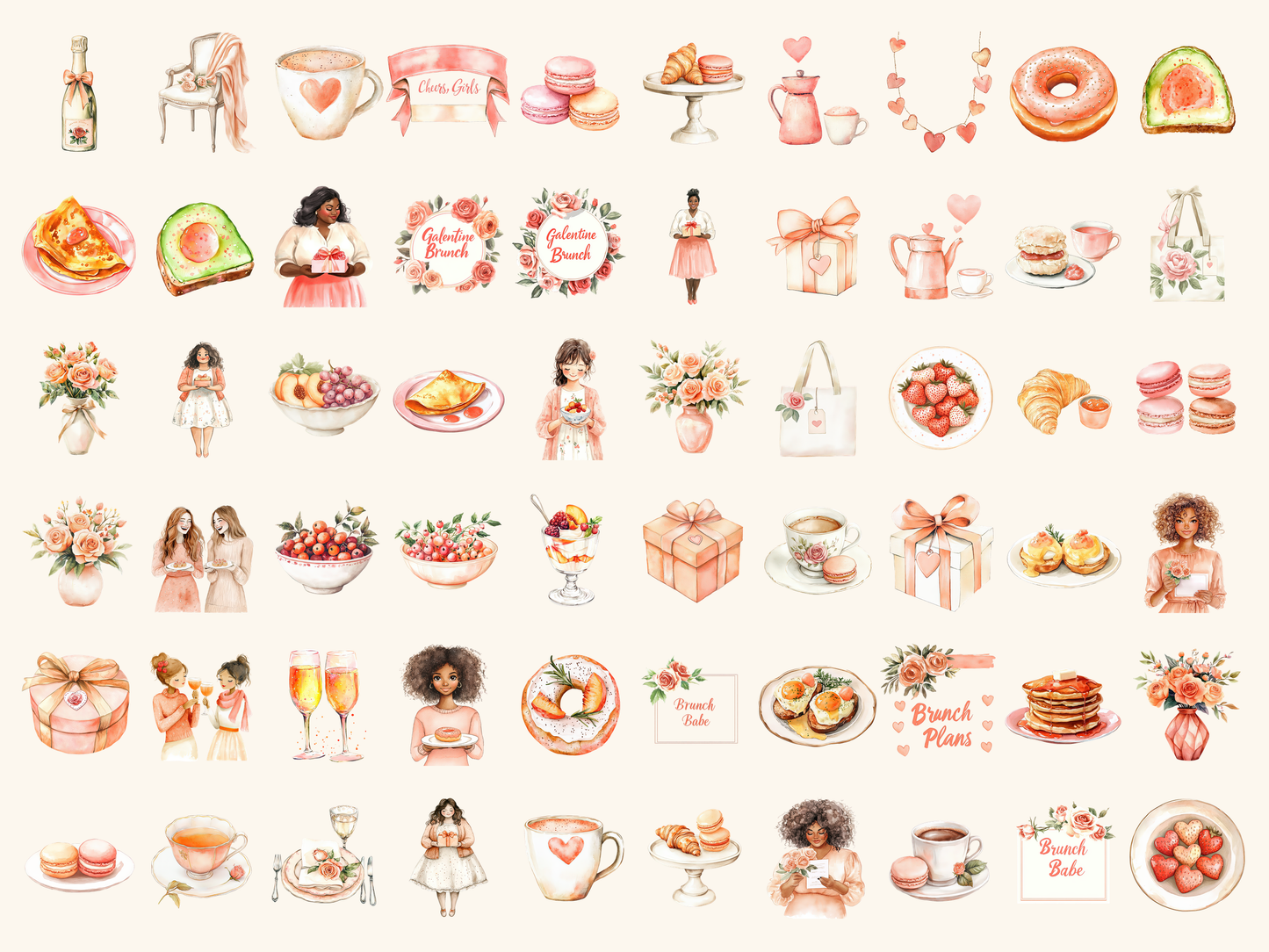 Galentine Brunch Watercolor Clipart