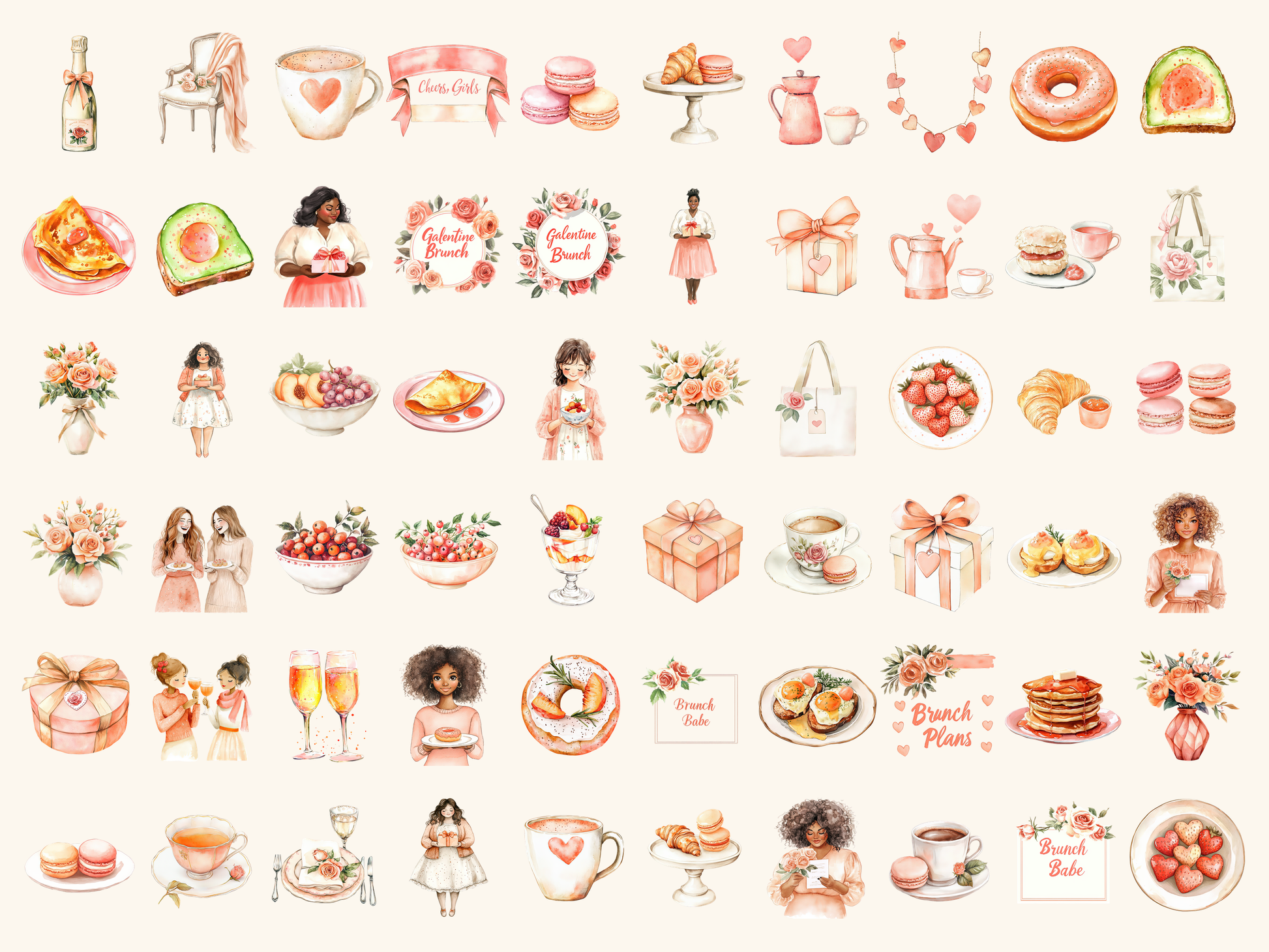 Galentine Brunch Watercolor Clipart