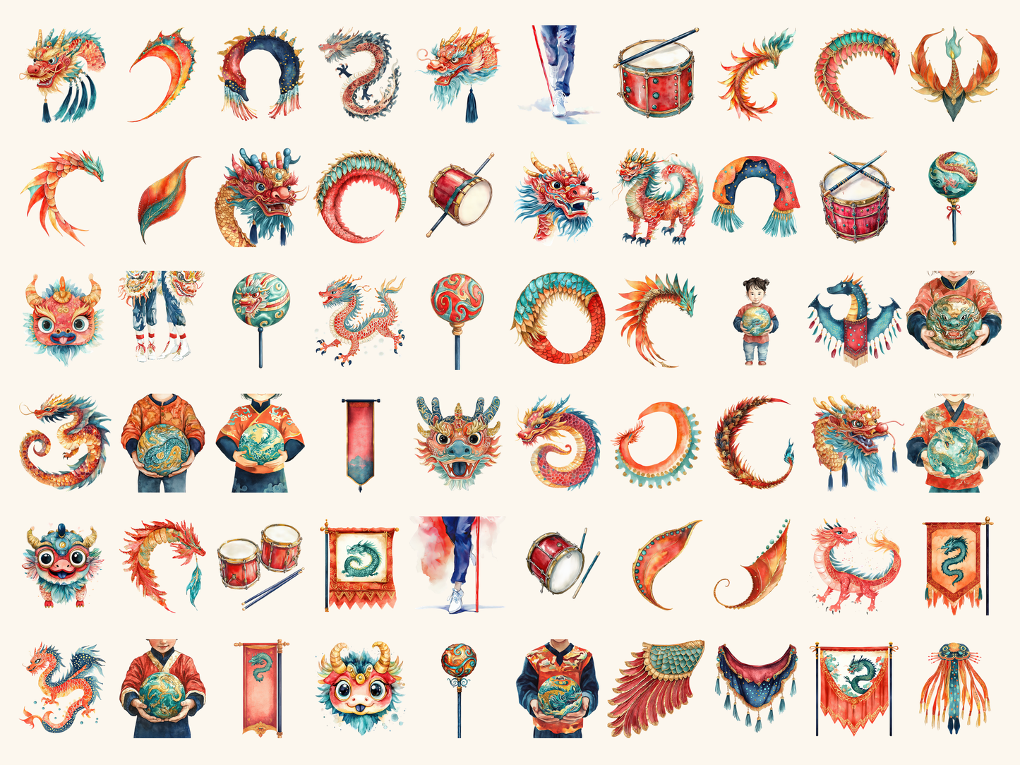 Dragon Dance Watercolor Clipart