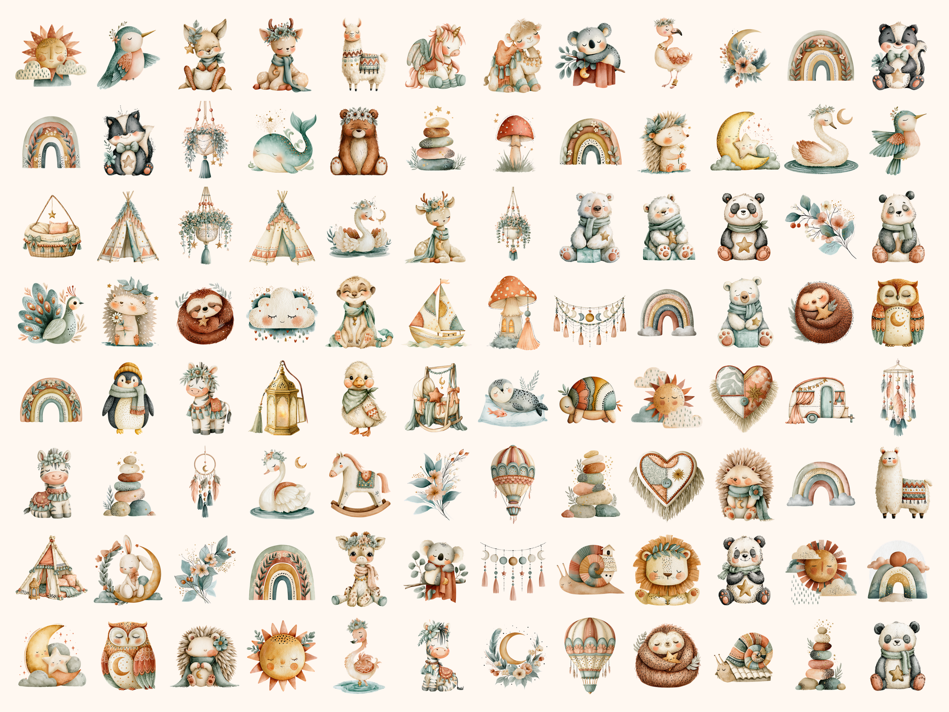 Boho Doodles Watercolor Clipart