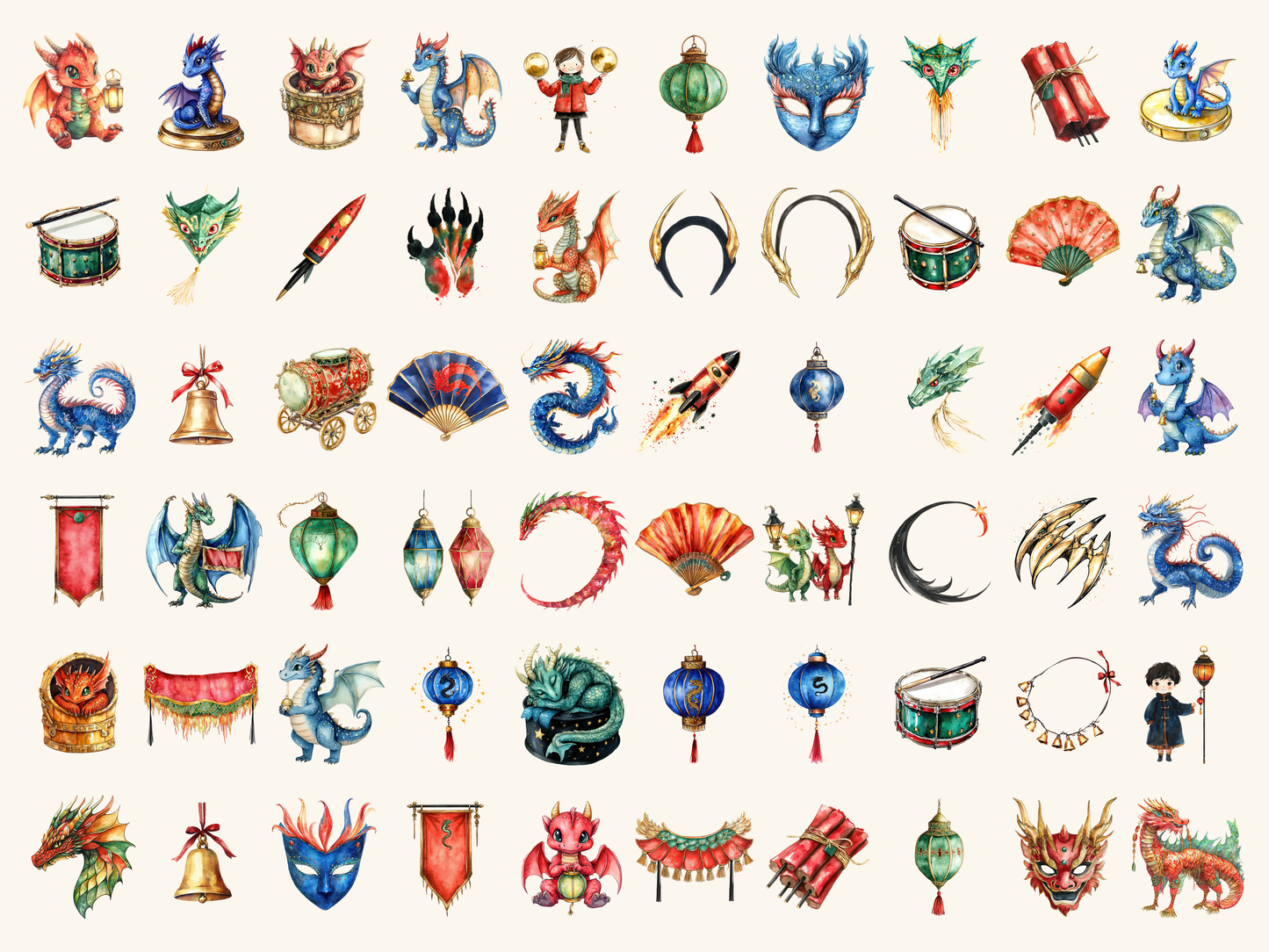 Dragon Parade Watercolor Clipart