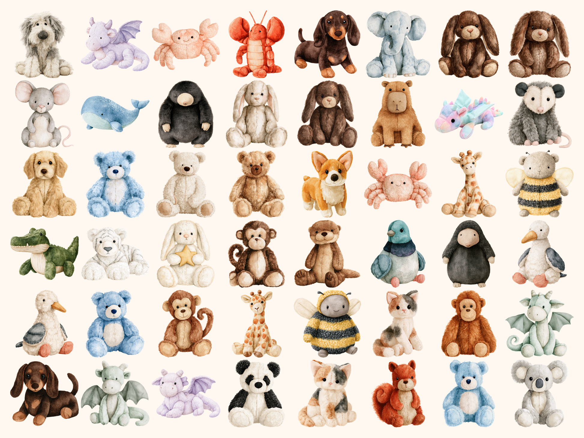 Plushie Animals Watercolor Clipart