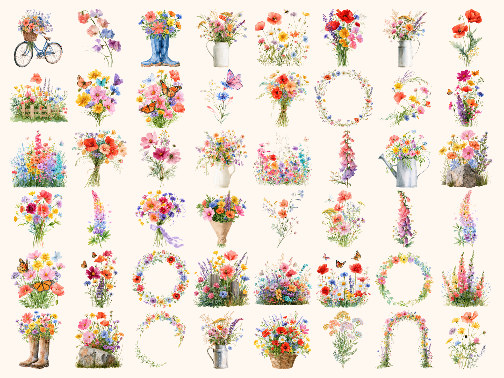 Rainbow Wildflowers Watercolor Clipart