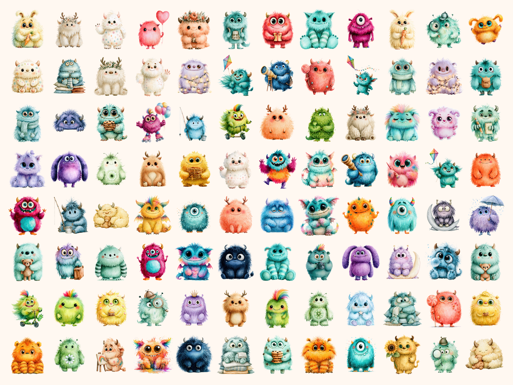 Fluffy Monsters Watercolor Clipart