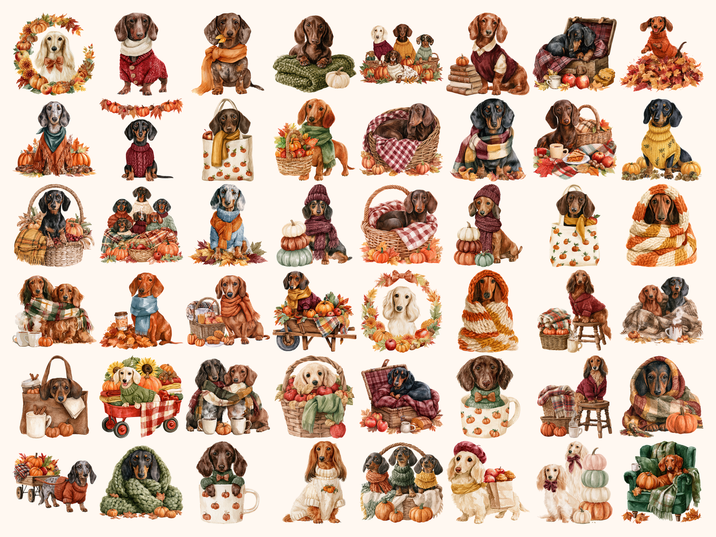Cozy Dachshund Fall Watercolor Clipart