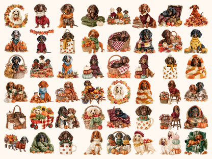 Cozy Dachshund Fall Watercolor Clipart