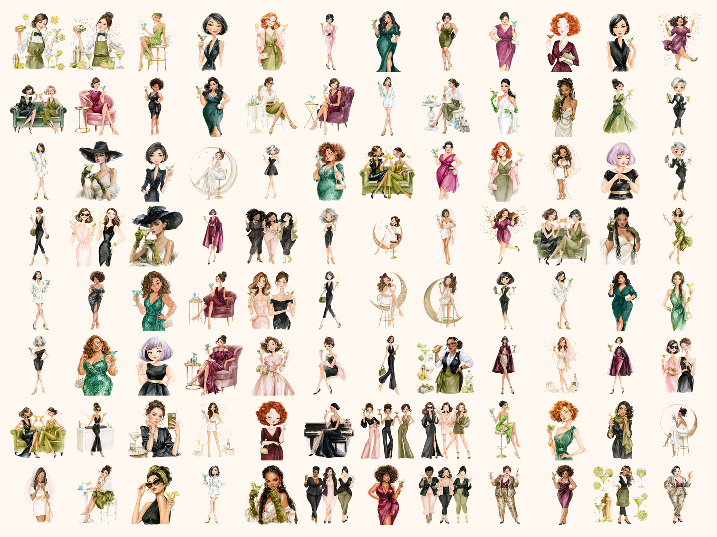 Martini Girls Watercolor Clipart