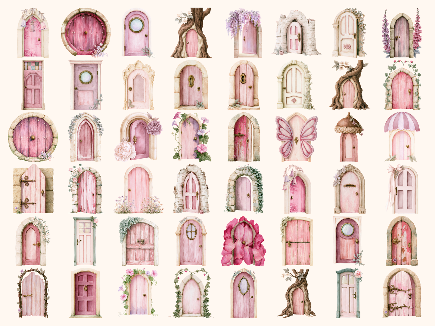 Pink Fairy Doors Watercolor Clipart