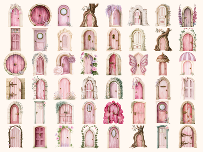 Pink Fairy Doors Watercolor Clipart