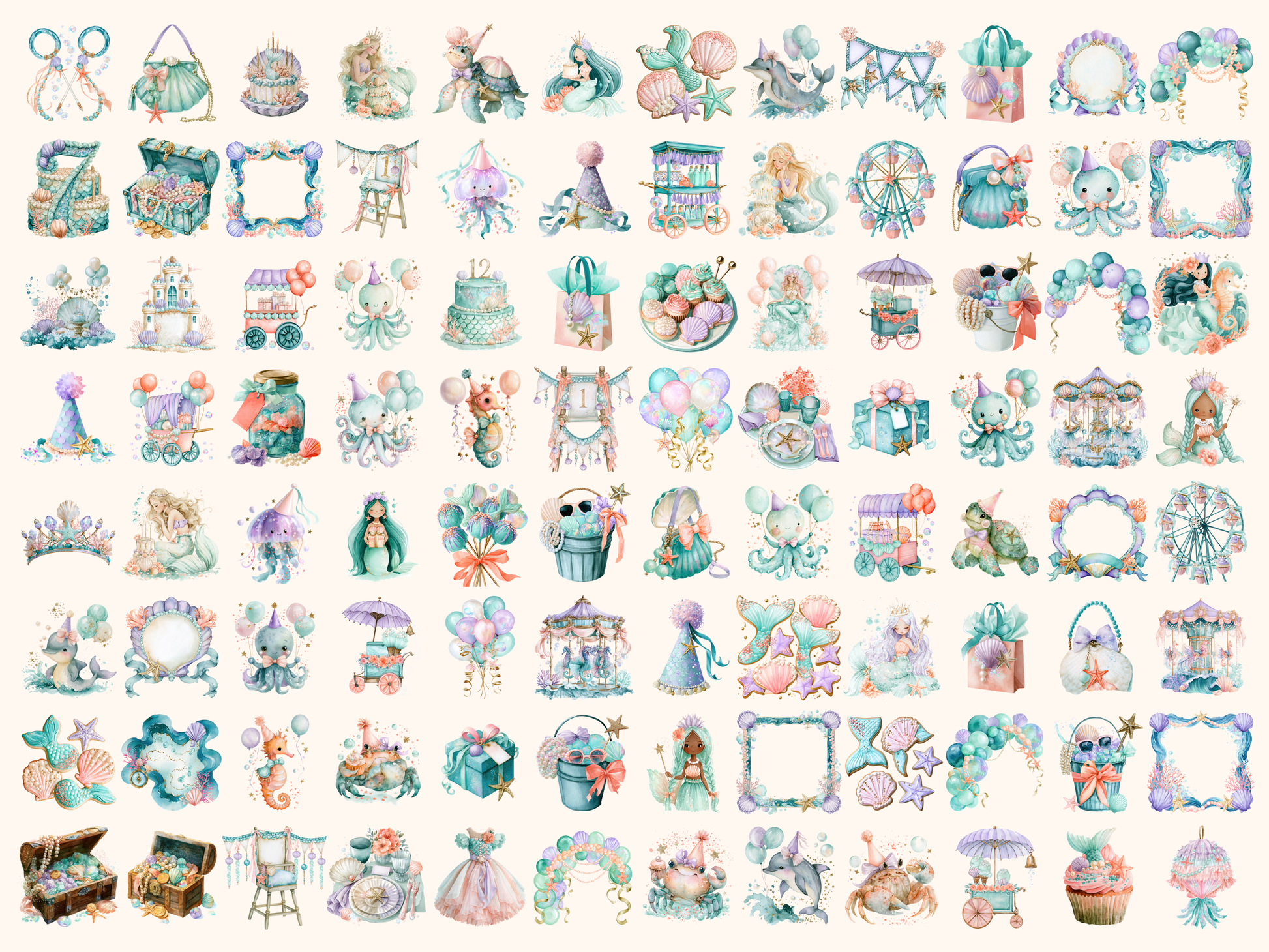 Mermaid Birthday Watercolor Clipart