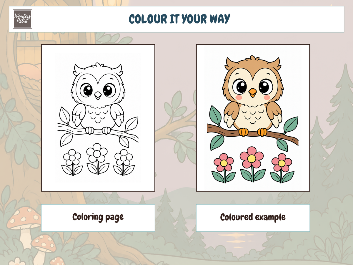Owls Coloring Book — COLORING PAGE AND EXAMPLE