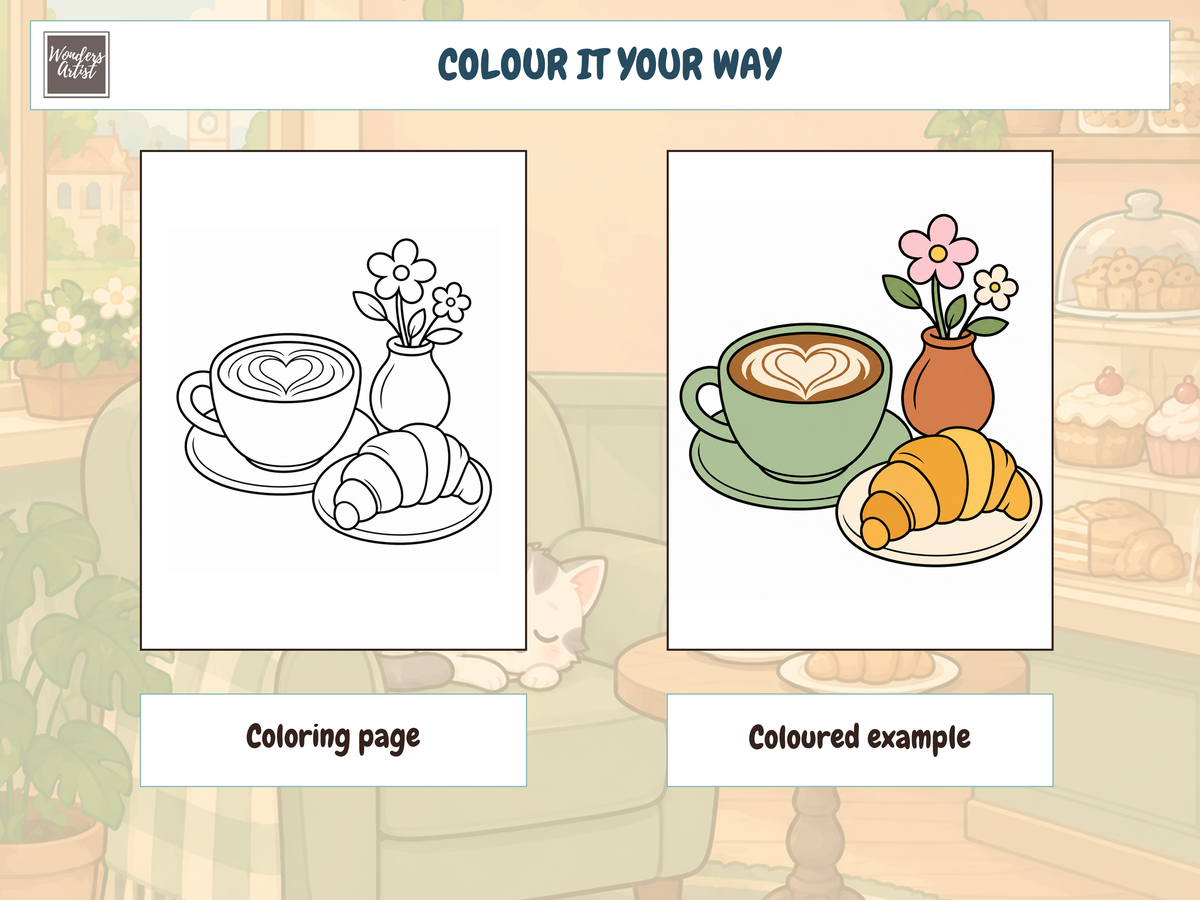 Cozy Cafe Coloring Book — COLORING PAGE AND EXAMPLE