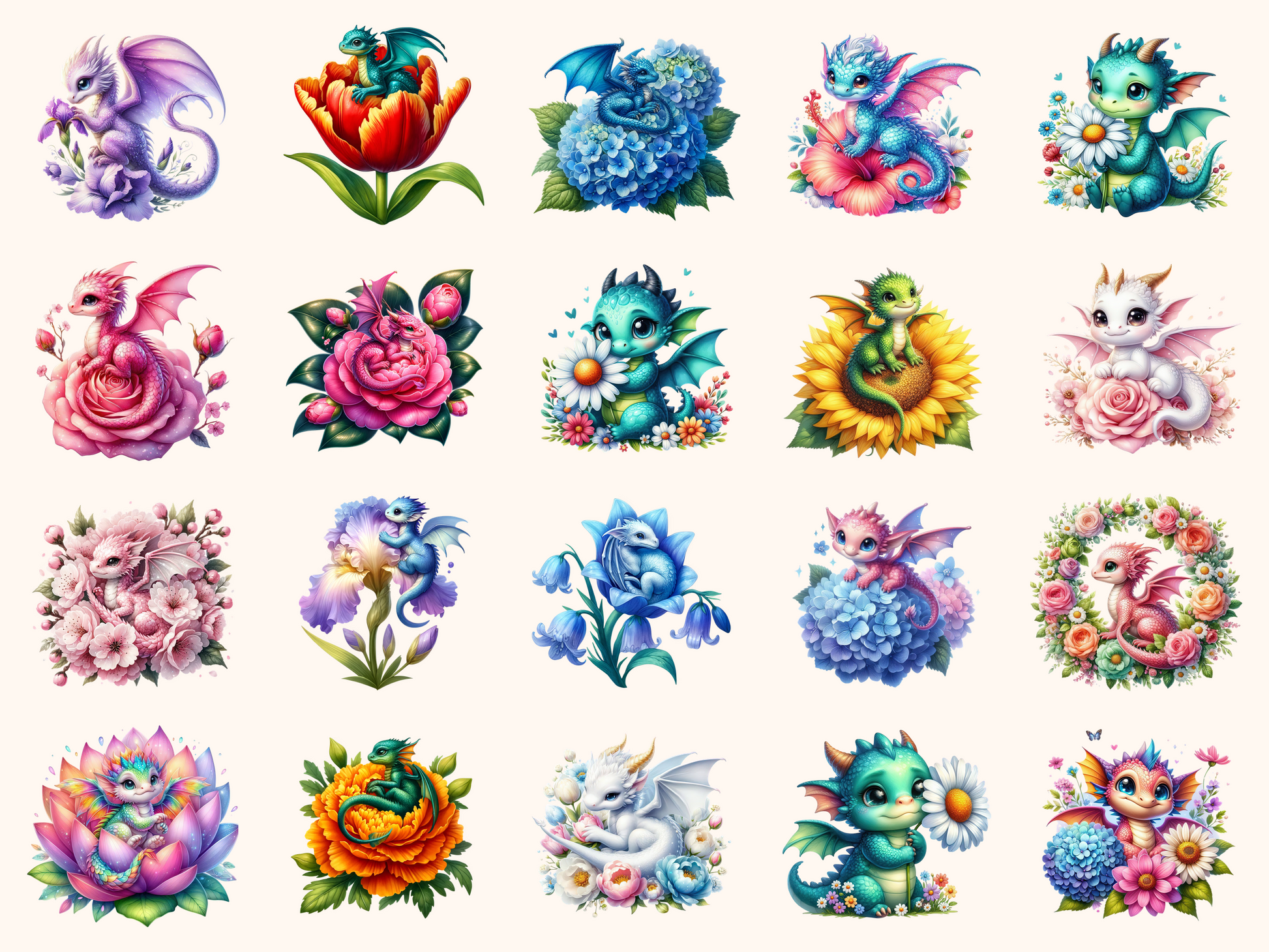 Floral Baby Dragons Clipart