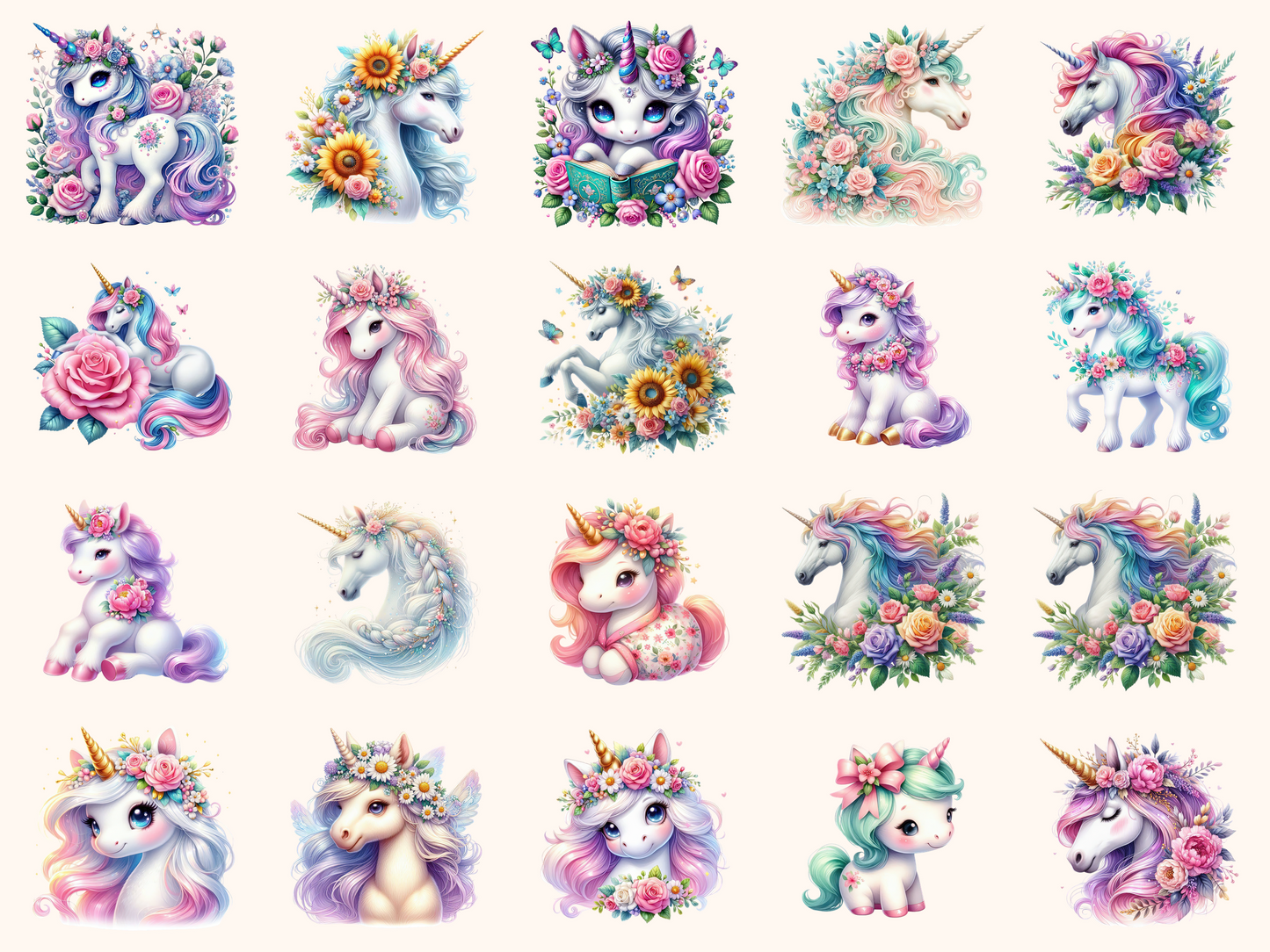 Floral Unicorns Clipart