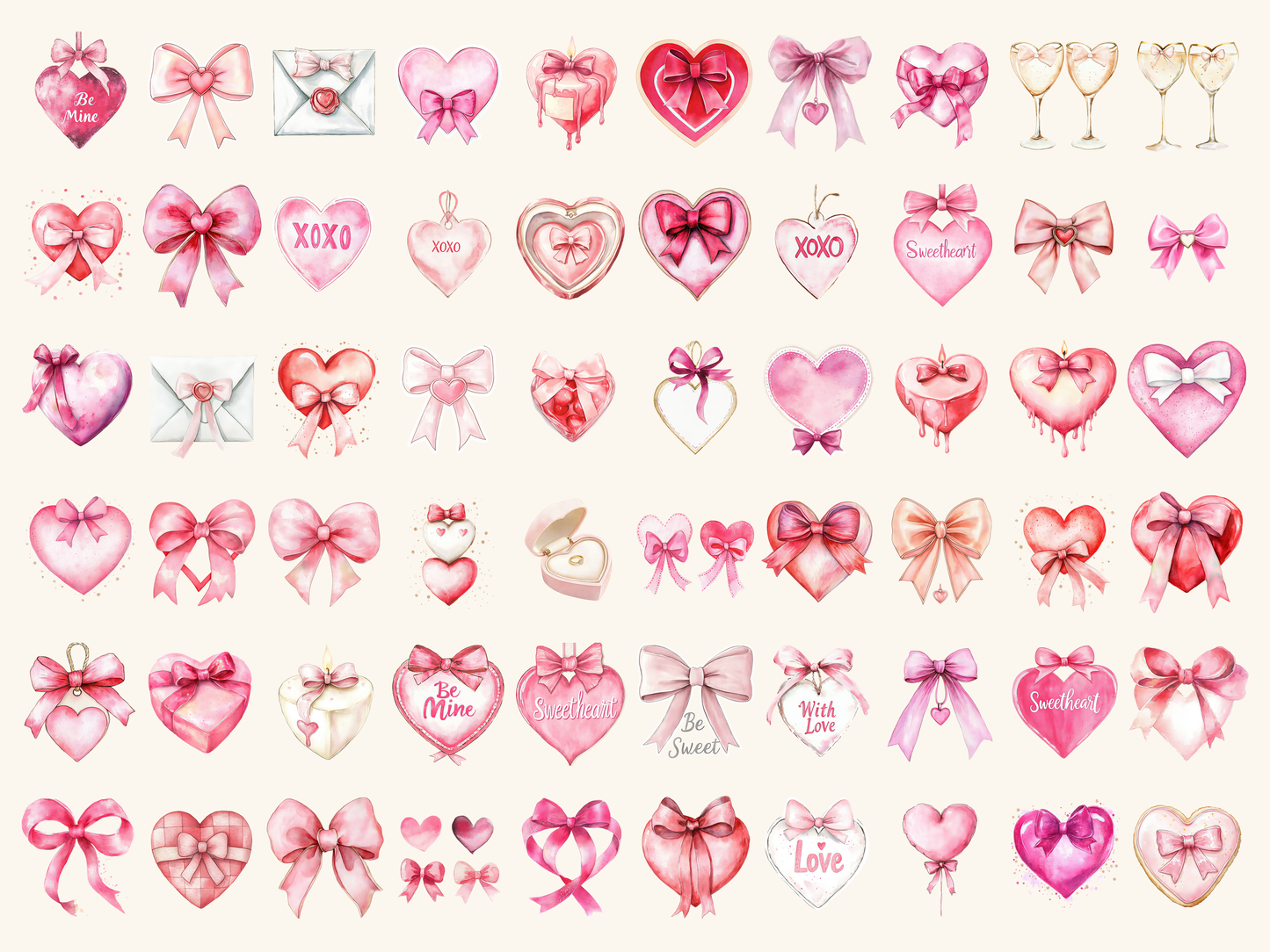 Bow Hearts Watercolor Clipart