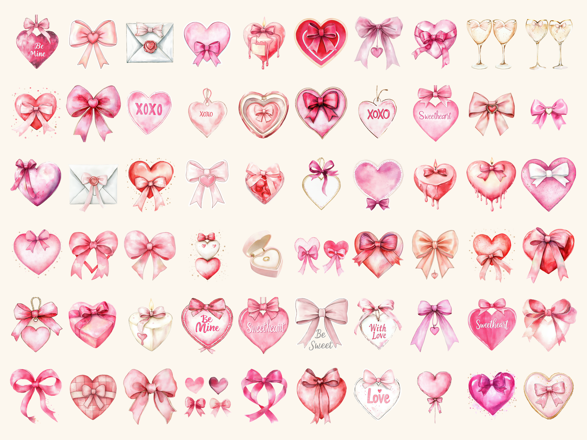 Bow Hearts Watercolor Clipart