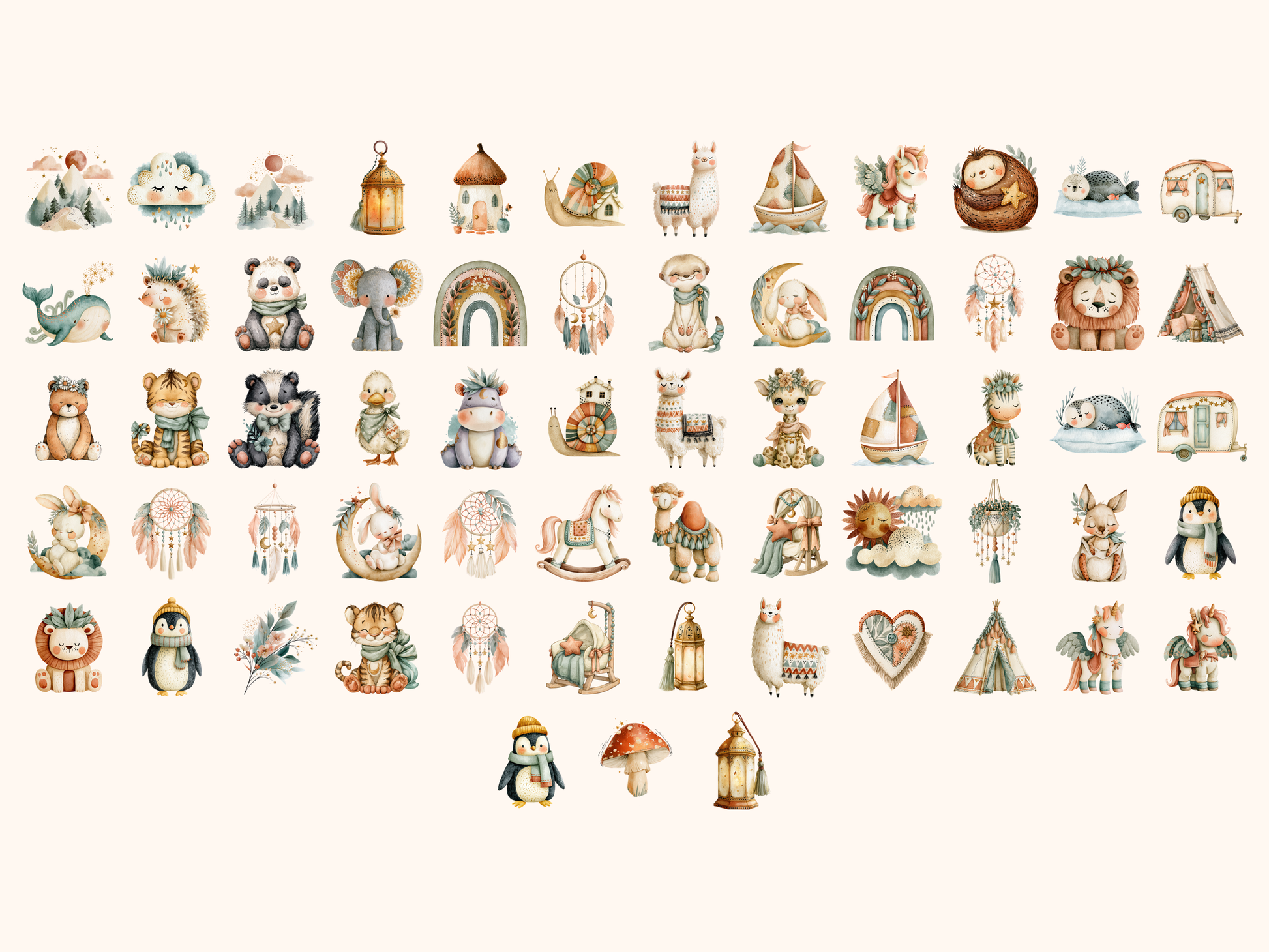 Boho Doodles Watercolor Clipart