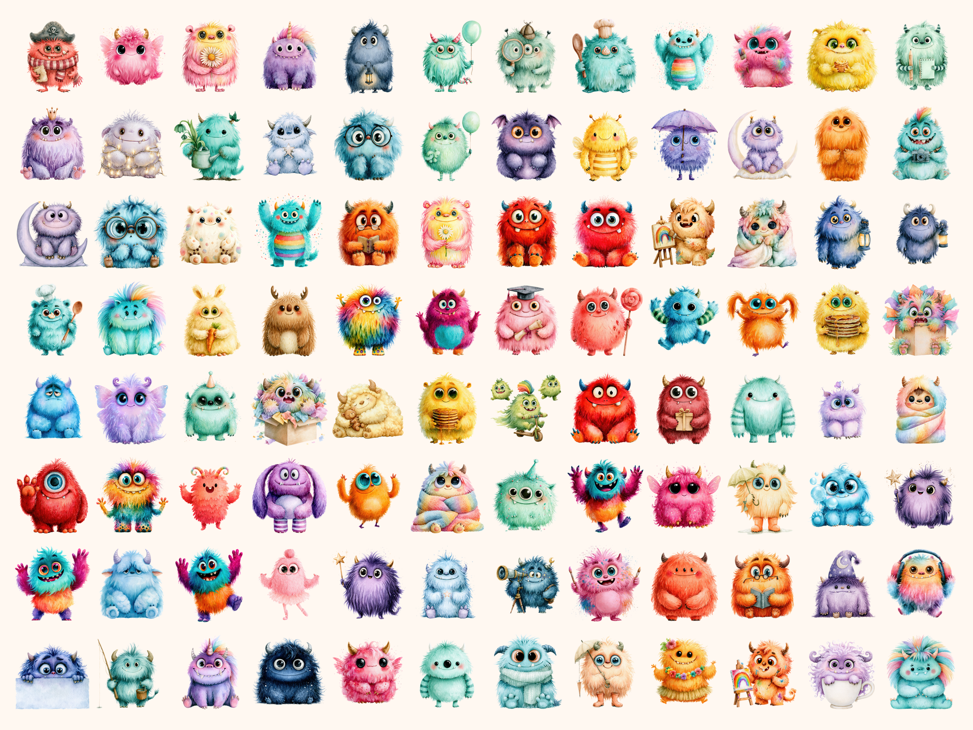 Fluffy Monsters Watercolor Clipart