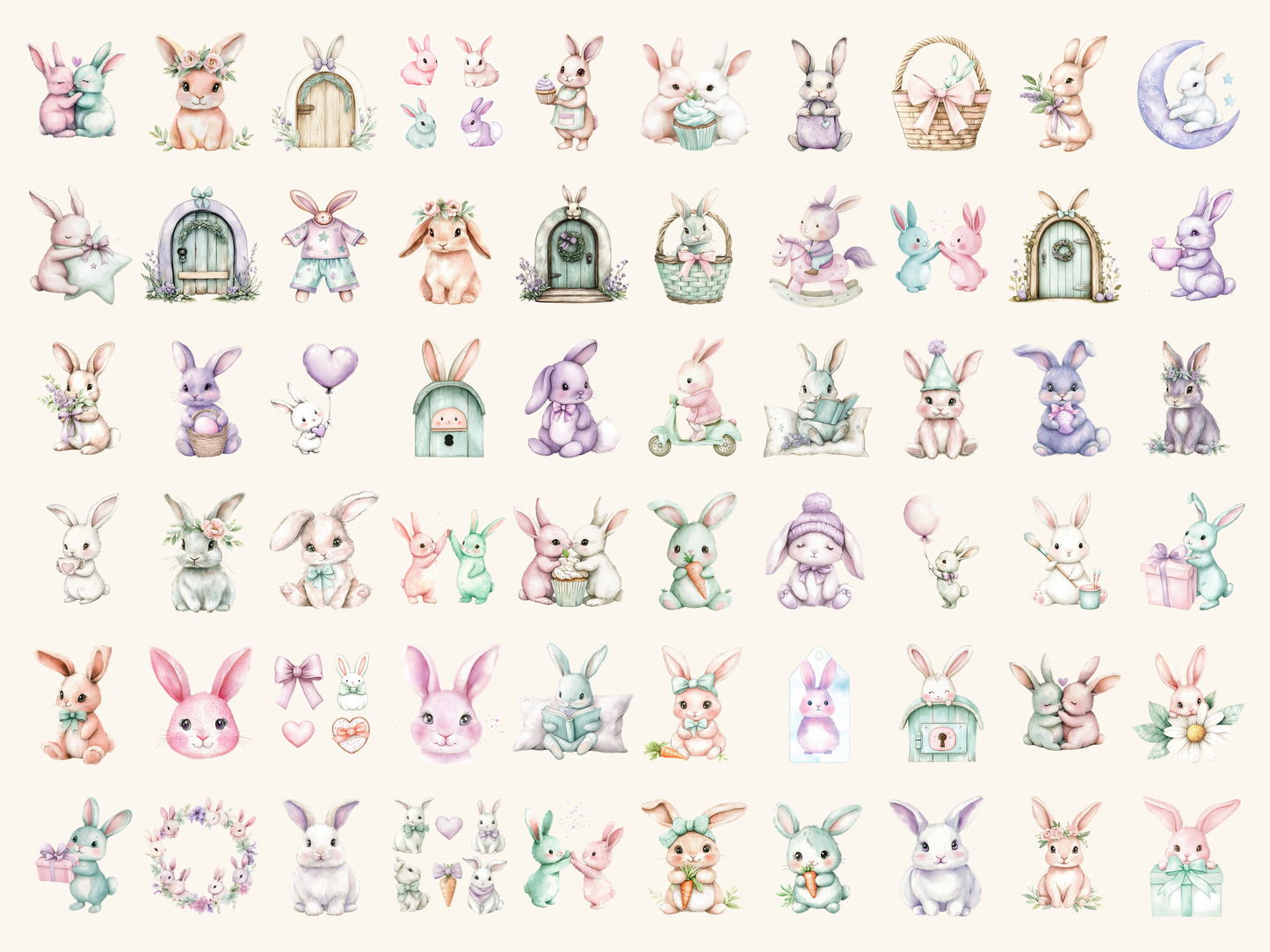 Pastel Bunnies Watercolor Clipart