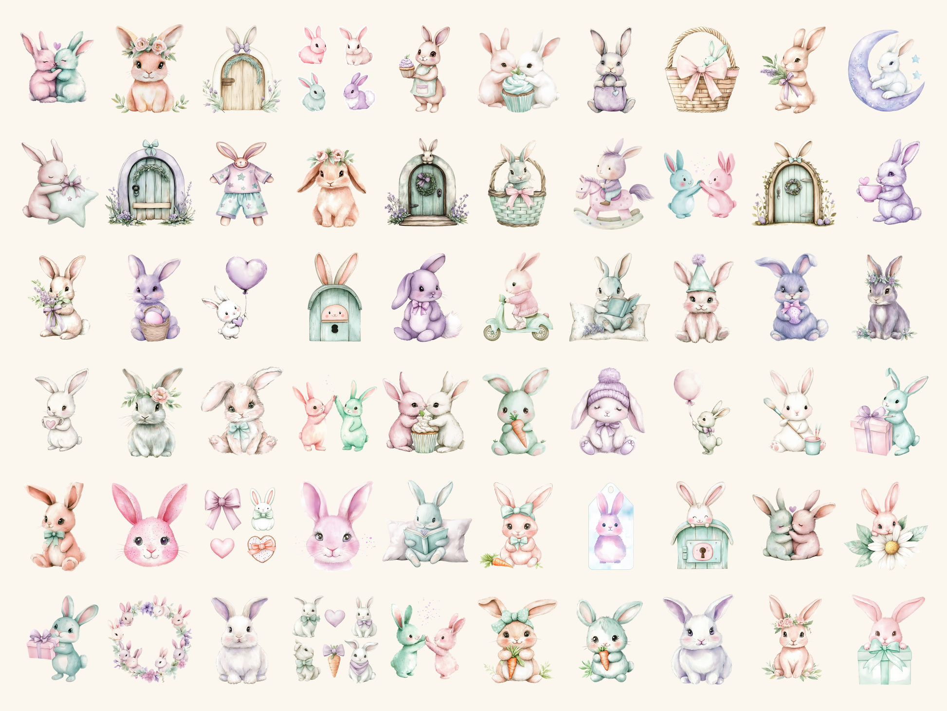 Pastel Bunnies Watercolor Clipart