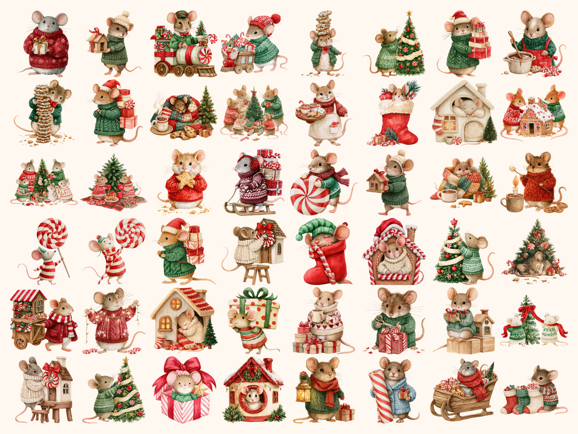 Merry Mouse Christmas Watercolor Clipart