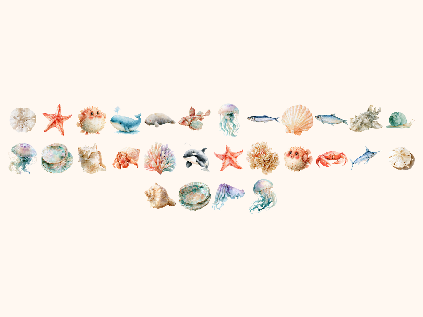 Sea Creatures Watercolor Clipart