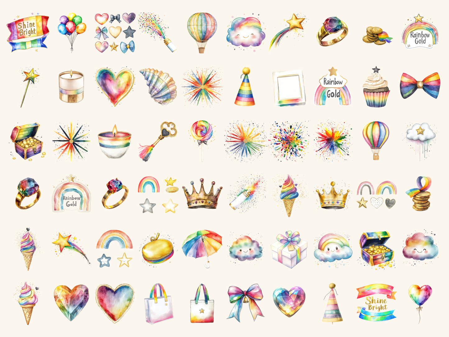 Rainbow Gold Watercolor Clipart