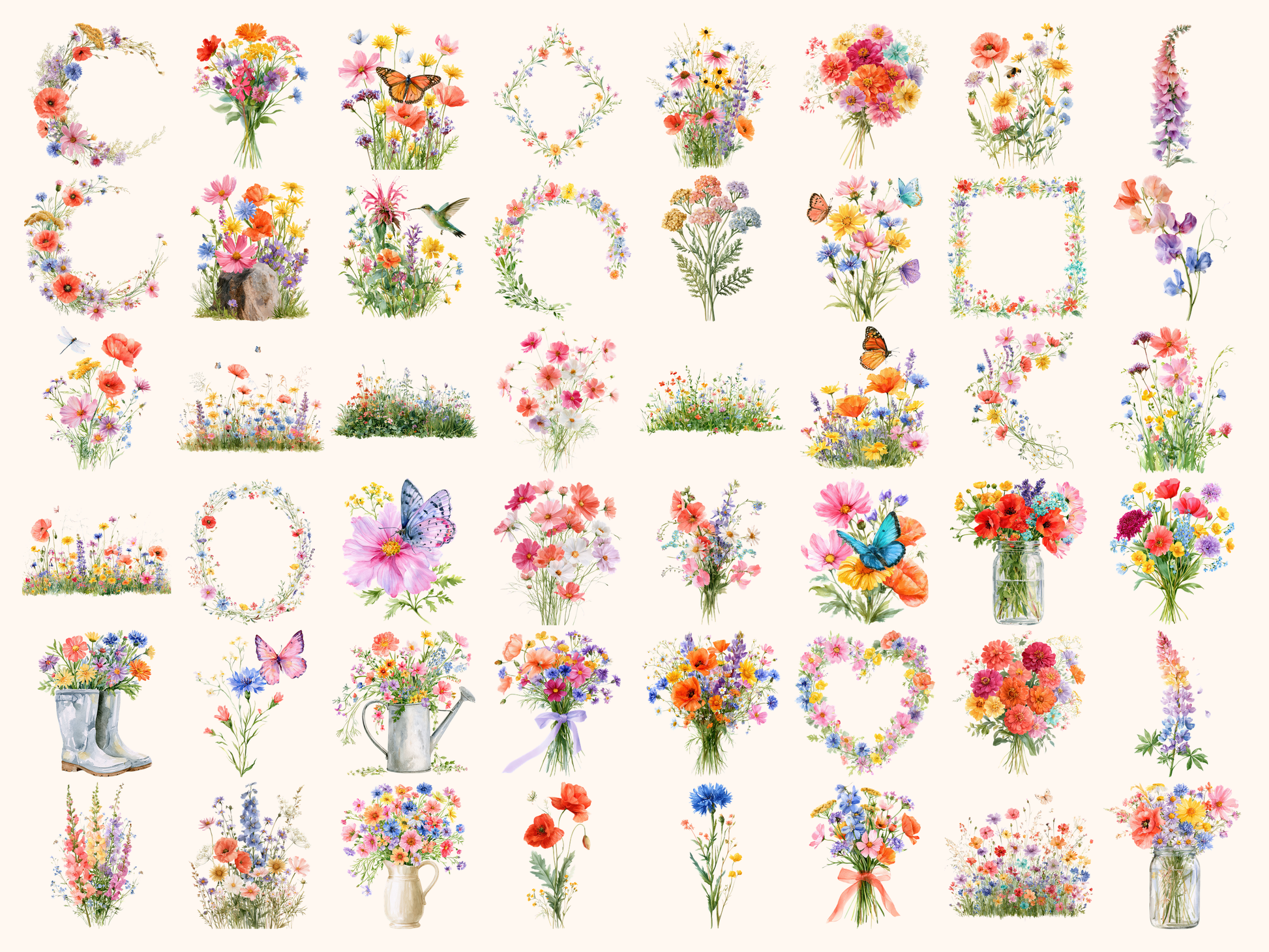 Rainbow Wildflowers Watercolor Clipart
