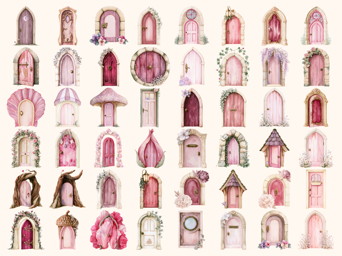 Pink Fairy Doors Watercolor Clipart