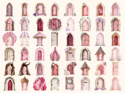 Pink Fairy Doors Watercolor Clipart