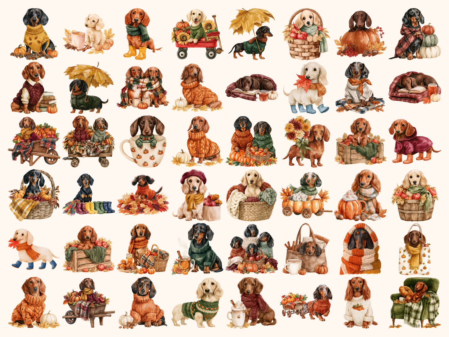 Cozy Dachshund Fall Watercolor Clipart