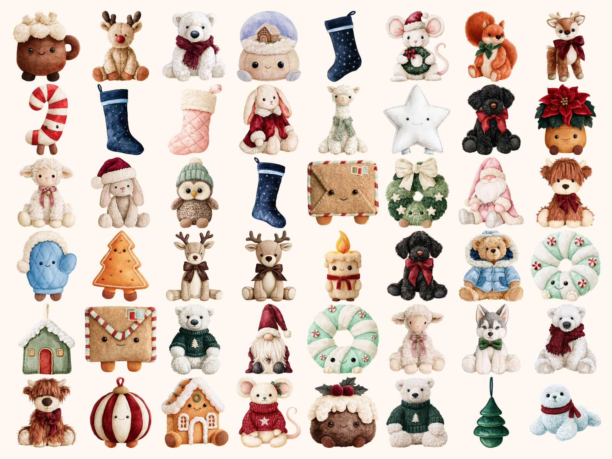 Christmas Plushies Watercolor Clipart