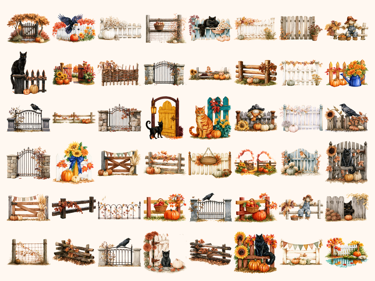 Autumn Fences Watercolor Clipart