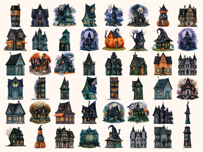 Halloween Houses Watercolor Clipart