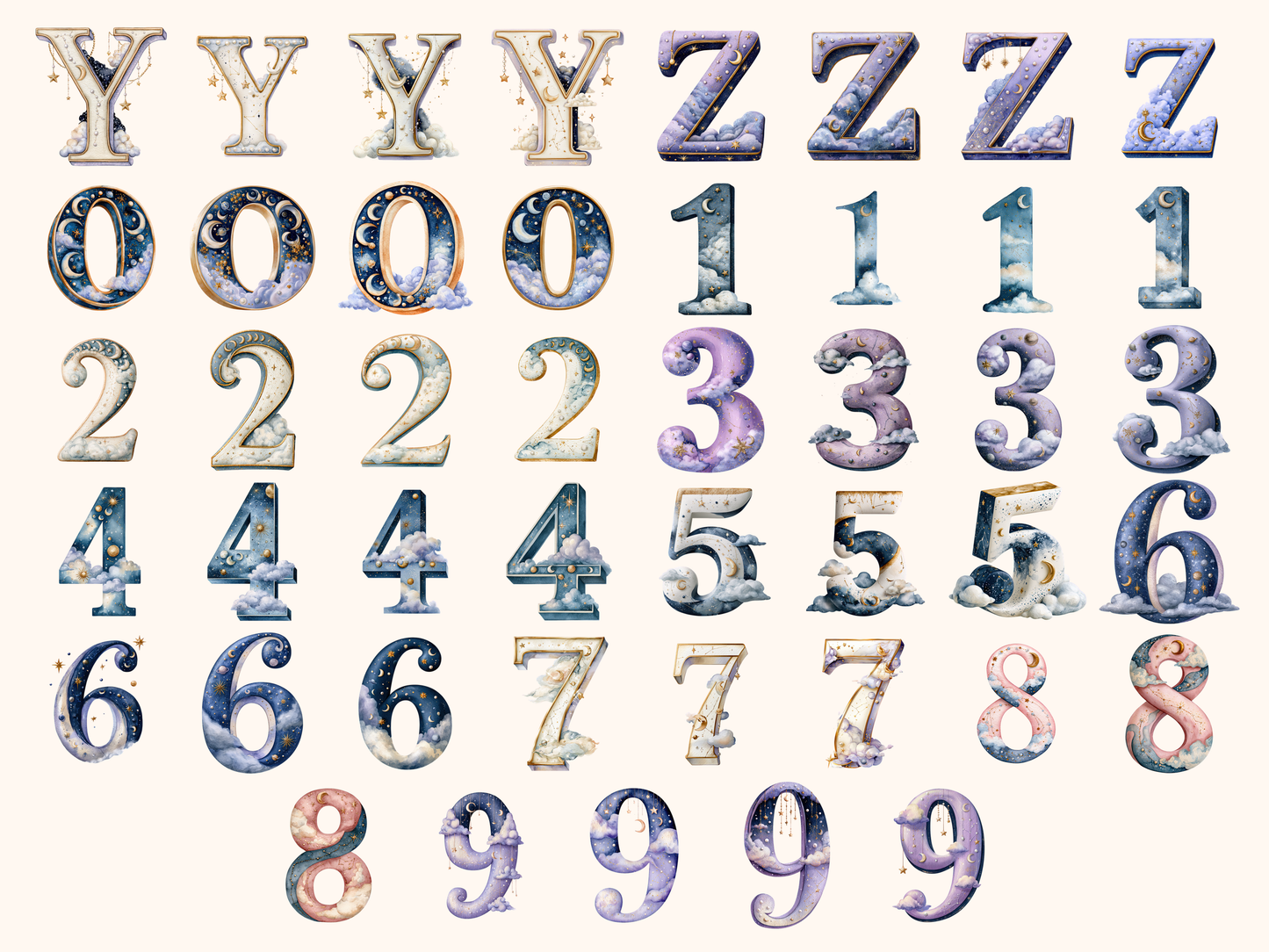 Celestial Moon & Stars Alphabet & Numbers