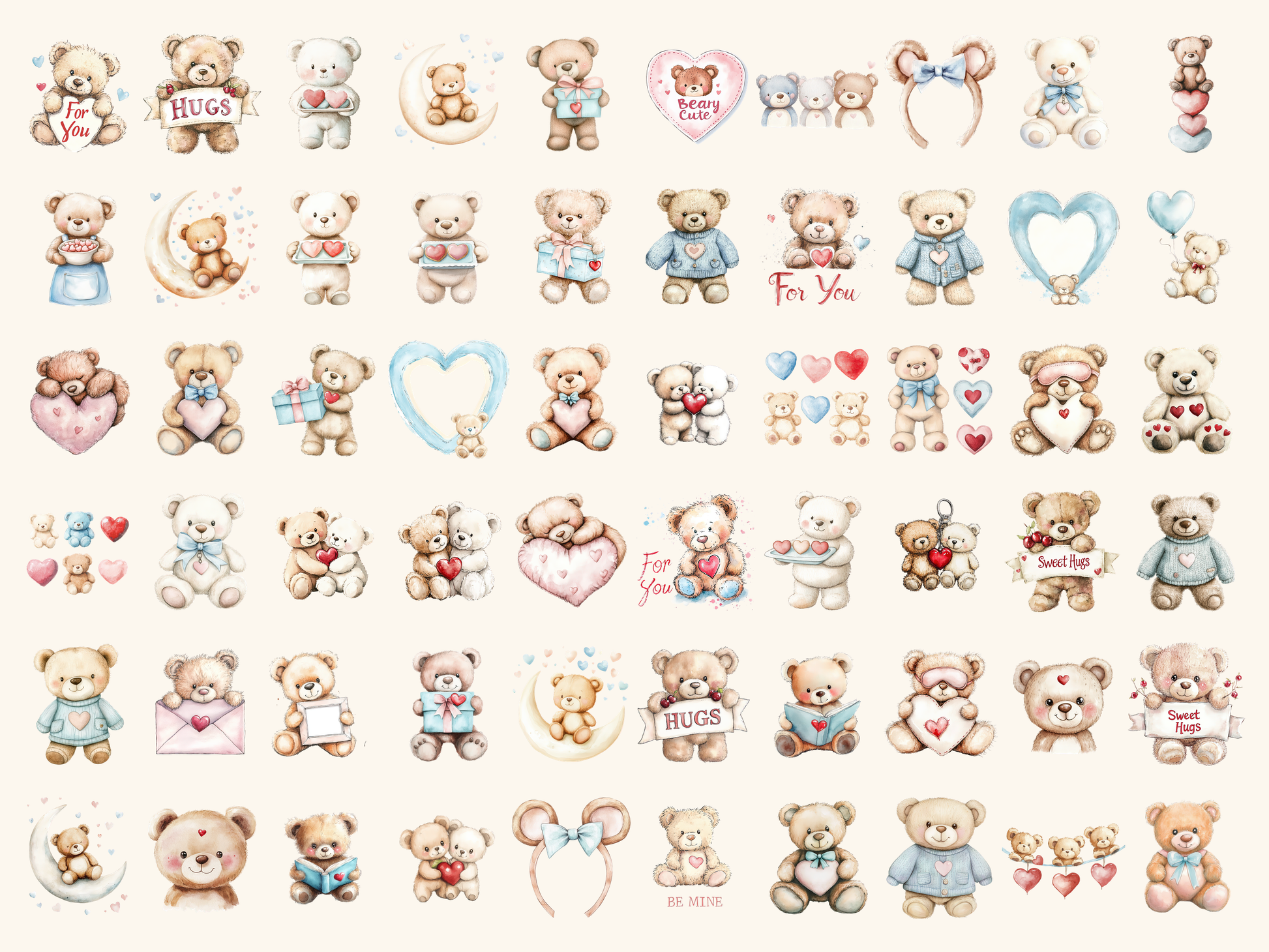 Teddy Hearts Watercolor Clipart