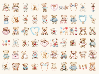 Teddy Hearts Watercolor Clipart